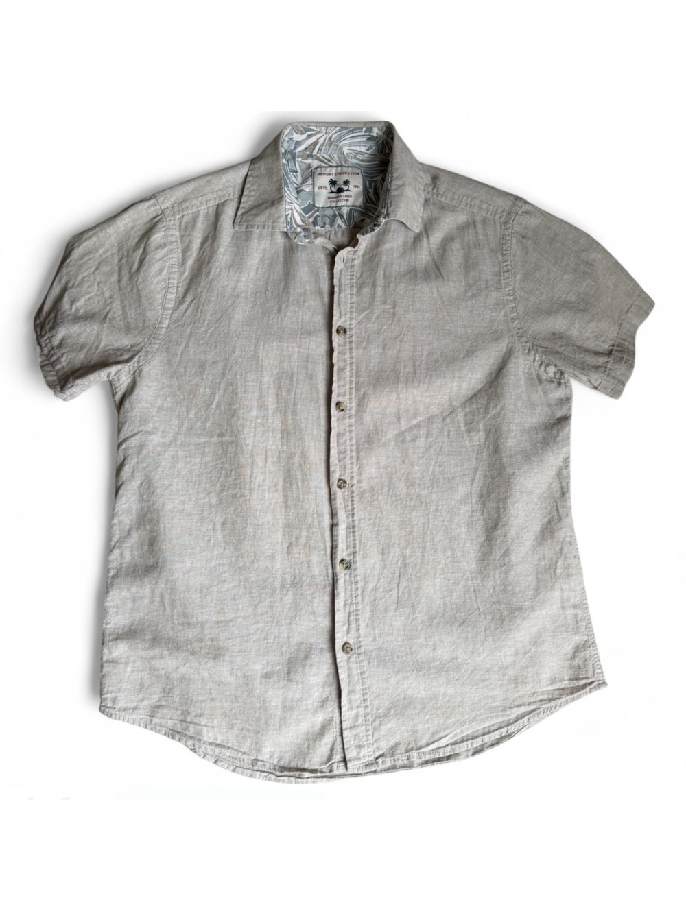 Report Collection Summer Linen Shirt Men's Medium Beige Tropical Trim Button Up